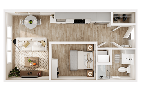 a 1 bedroom floor plan with a bathroom and a living room